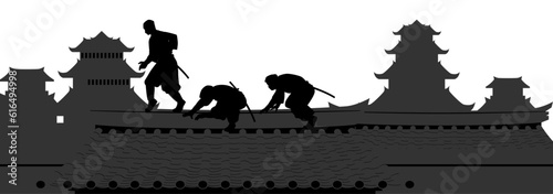 Vector illustration of the ninjas are sneaking up on the roof top to carry out a secret mission