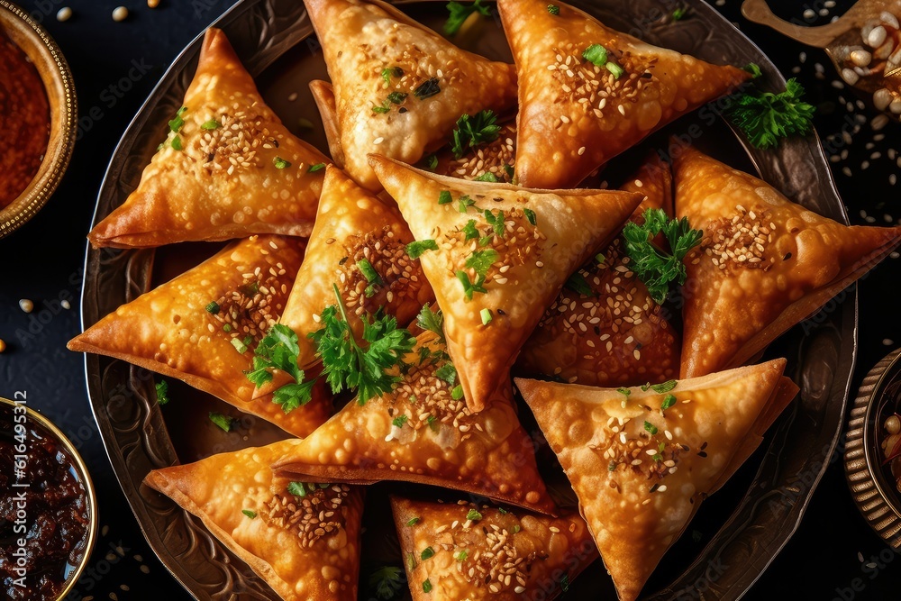 Delicious Indian Samosas, Overhead food photograph for food app menu website background Delicious Indian Samosas, Overhead food photograph for food app menu website background