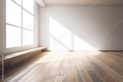 Empty room with wooden floor and sunlight. Created using generative AI tools