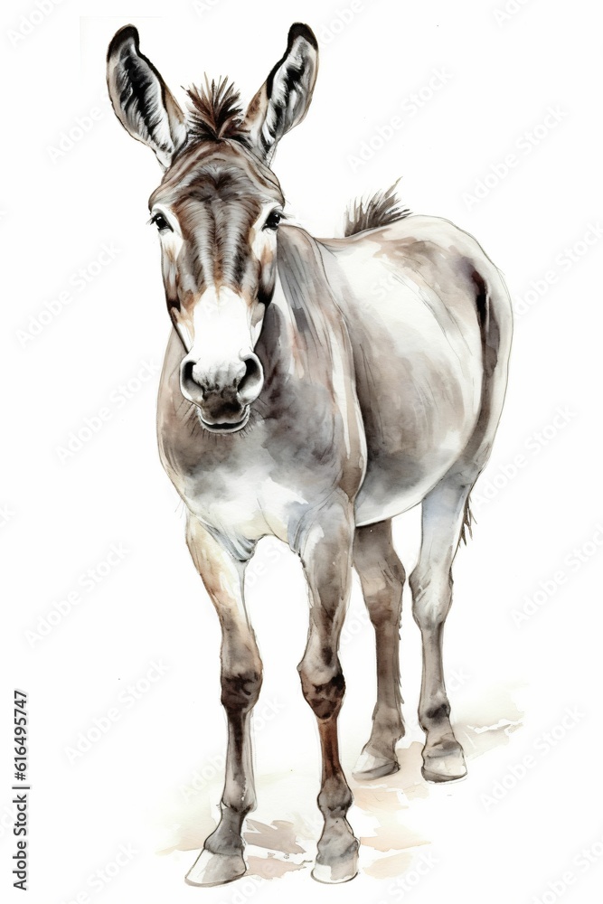 Obraz premium âne dessin façon aquarelle, portrait d'un animal domestique, illustration ia générative