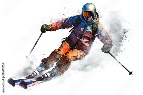 skier rides on skis isolated on white background. AI generated