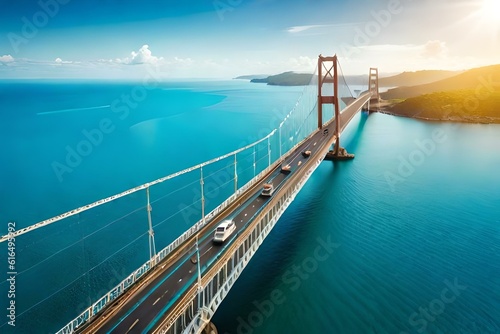 A magnificent suspension bridge stretching across a vast expanse of turquoise blue sea, with the sunlight reflecting off the water.