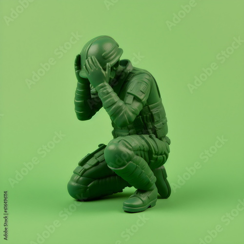 green army man toy crouched covering head isolated on plain studio background photo