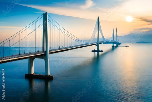A modern cable-stayed bridge, gracefully spanning over the deep blue sea, with sailboats passing beneath and seagulls soaring in the sky.