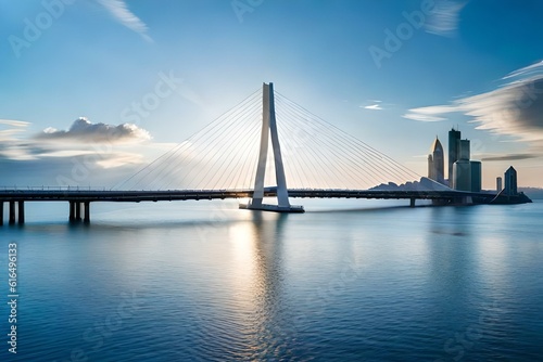 A modern cable-stayed bridge  gracefully spanning over the deep blue sea  with sailboats passing beneath and seagulls soaring in the sky.