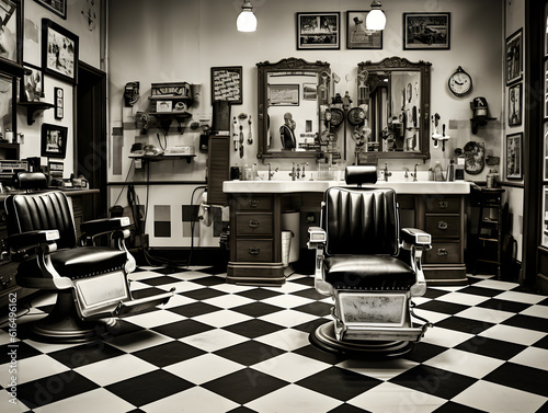 vintage barber shop interior, checkered floor, classic barber chair, black and white photography, quiet morning atmosphere, generative AI