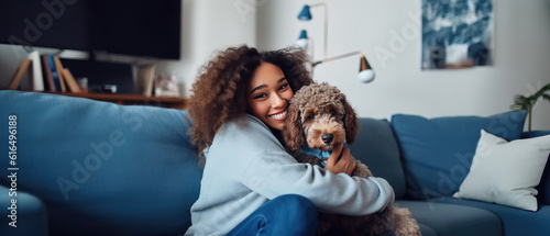 cheerful woman hugging beloved pet dog at home on the couch, best friend, friendship concept, Generative AI