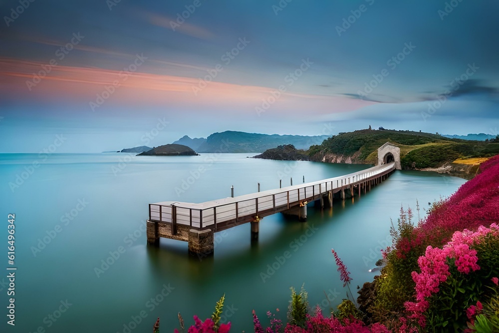 A romantic arched bridge adorned with flowers, gracefully spanning over a tranquil lagoon with the shimmering sea beyond.