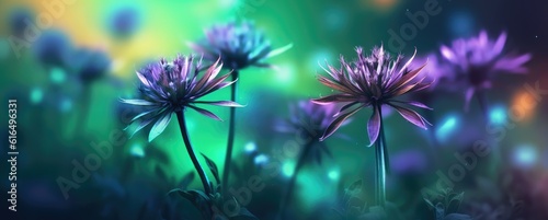 Background adorned with lush green flowers in bright, captivating colors. 