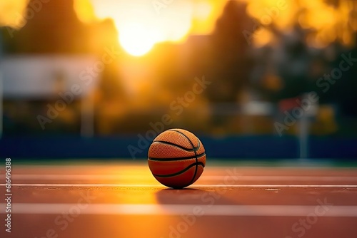 Basketball ball sits on an urban basketball court