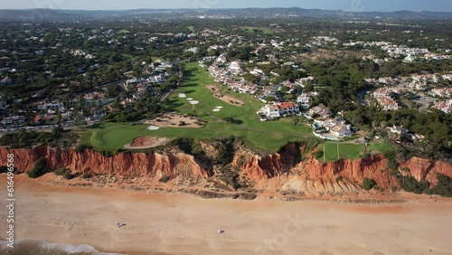 Aerial drone overview of golf courses at Vale do Lobo, Algarve, Portugal, Europe overlooking the Algrave coastline