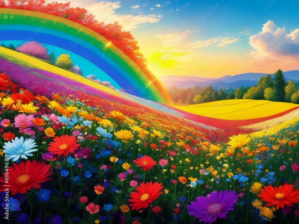 Field of flowers and rainbow - Generative AI
