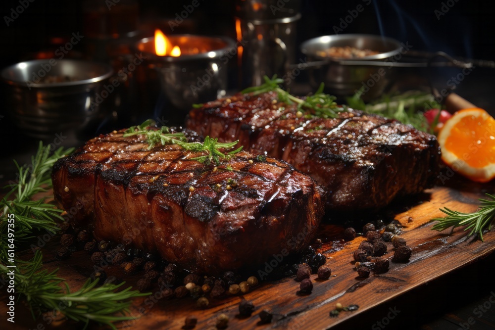 Illustration of two succulent steaks on a wooden cutting board with a lit candle in the background created with Generative AI technology Illustration of two succulent steaks on a wooden cutting board with a lit candle in the background created with Generative AI technology