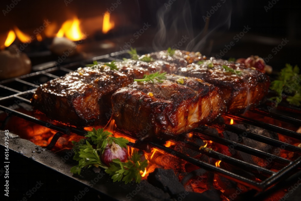 Illustration of a sizzling steak being grilled over an open flame created with Generative AI technology Illustration of a sizzling steak being grilled over an open flame created with Generative AI technology