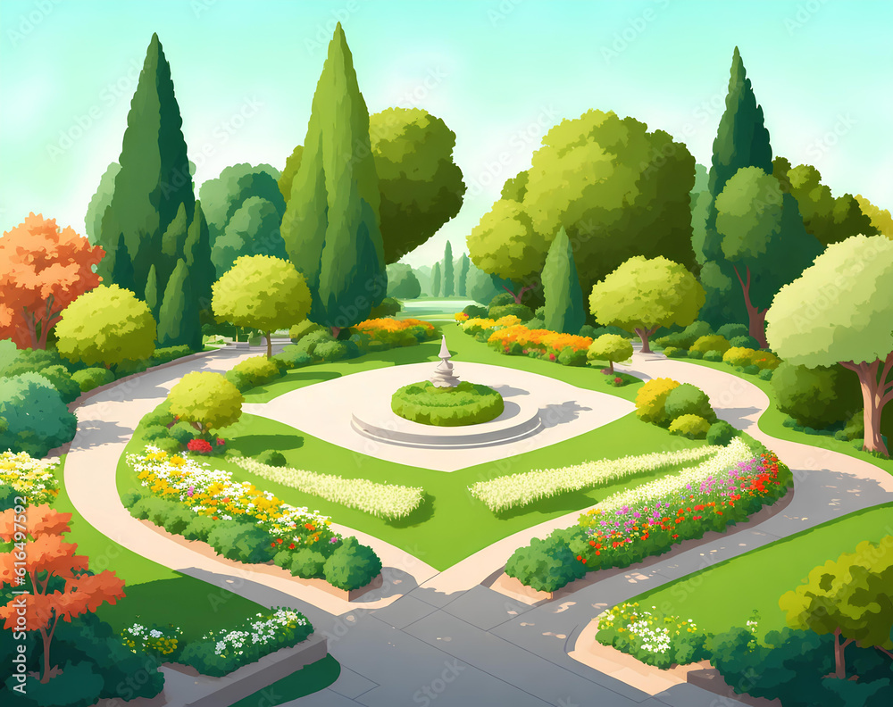 Green blooming park 3d style, morning..AI
