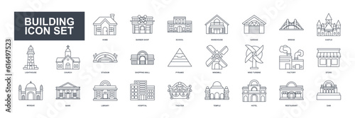 This building set icon vector illustrates various structures like homes, factories, schools, mosques, hospitals, and more, depicted with detailed and clear imagery
