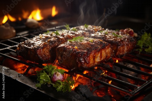 Illustration of a sizzling steak being grilled over an open flame created with Generative AI technology