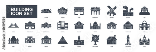 This building set icon vector illustrates various structures like homes, factories, schools, mosques, hospitals, and more, depicted with detailed and clear imagery