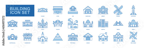 This building set icon vector illustrates various structures like homes, factories, schools, mosques, hospitals, and more, depicted with detailed and clear imagery