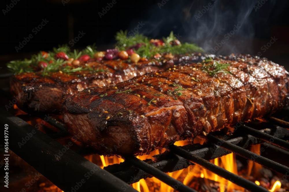 Illustration of a sizzling steak being grilled over an open flame created with Generative AI technology