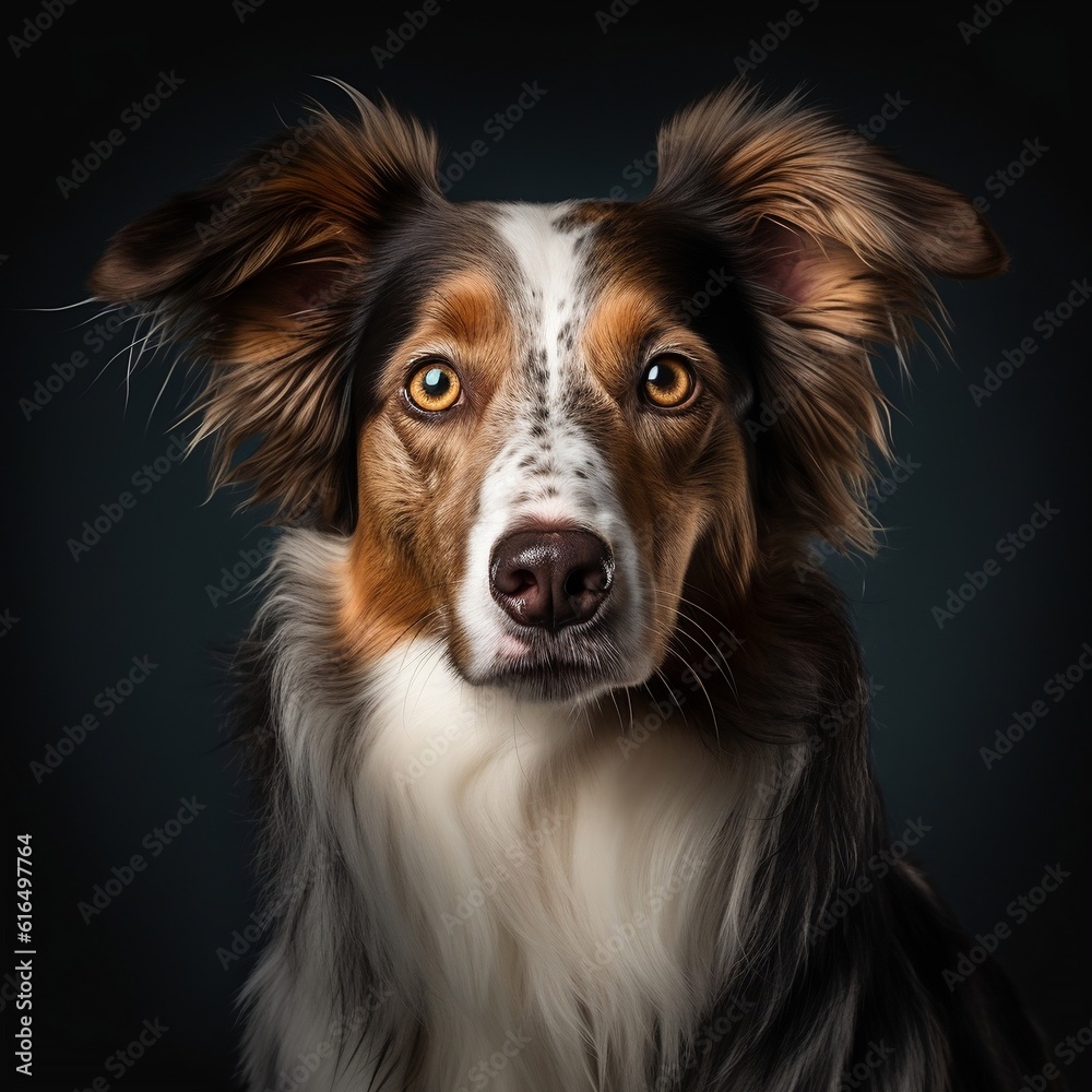 Australian Shepherd. Portrait of dog on a gray background. Close-up of a pet. Dog food advertising. Generative AI