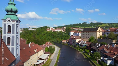 Town Krumlov river moldova Czech Bohemia. Nice aerial top view flight drone photo