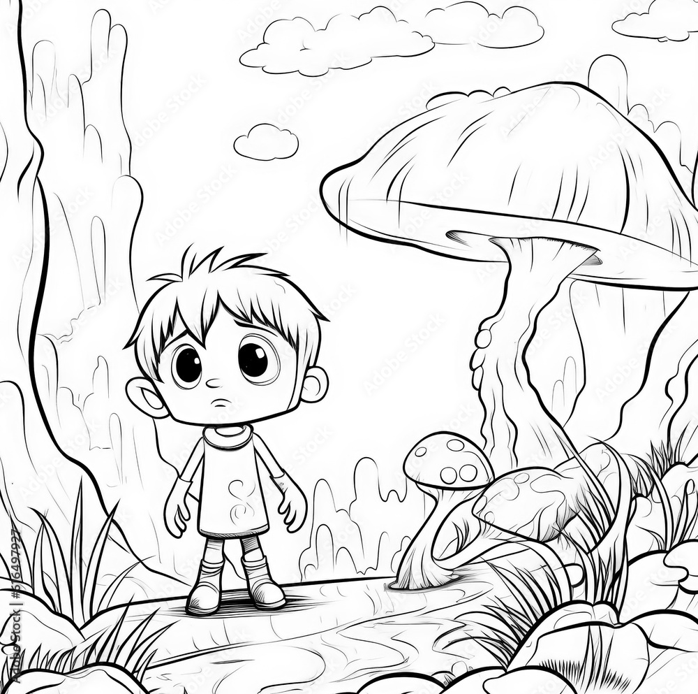 A kid in a fairy forest with a big mushroom. Coloring pages for children and adults. Monochrome illustration. Generative AI A kid in a fairy forest with a big mushroom. Coloring pages for children and adults. Monochrome illustration. Generative AI