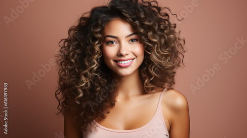 Portrait of a beautiful young woman with curly hair on a brown background. Generative AI.