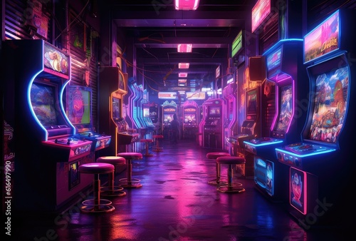 Neon lights bathe the room in a captivating glow, highlighting the iconic game machines that line the walls. 