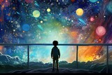 Young boy peering into space through a window