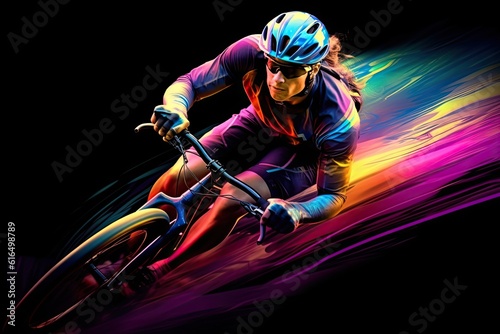 Brightly painted bicycle rider set against a dramatic black backdrop. 