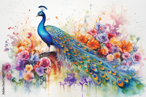 Watercolor painting of a beautiful peacock in a colorful flower field. Ideal for art print, greeting card, springtime concepts etc. Made with generative AI. 