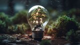 Light bulb delicately cradles a miniature bonsai, symbolizing the harmonious coexistence of human-made creations and the natural world.