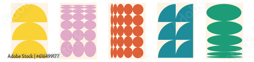 Abstract shapes backgrounds. Brutalist style. Swiss design aesthetic. Figure circle oval wave patterns. Geometric posters in trendy retro.