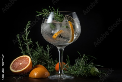 Gin tonic, with orange, dark photography, AI GENERATIVE