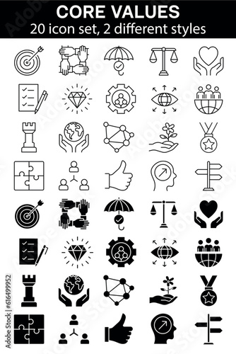 Core values 20 icon set. 2 different styles