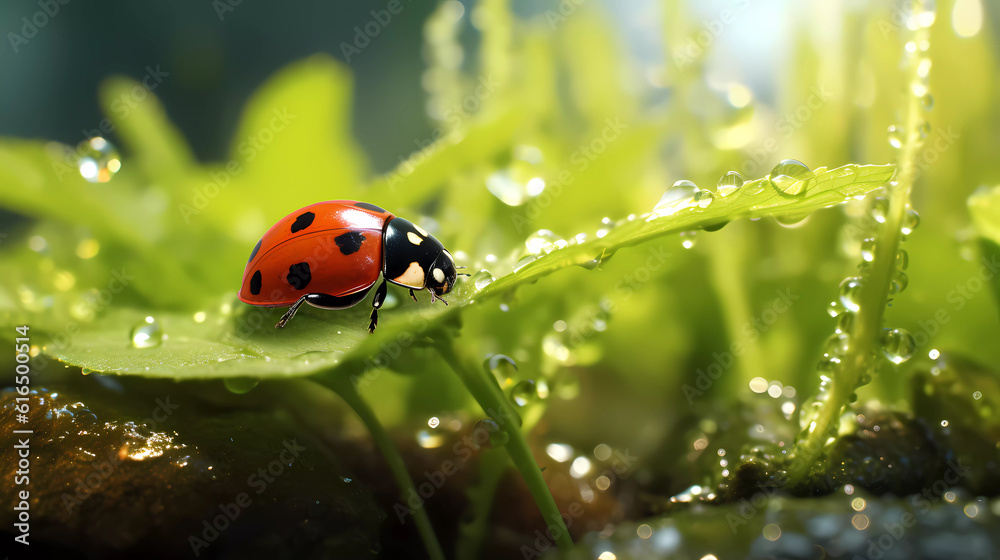 Ladybug sits on grass covered with dew drops, front view. Ladybug sits on grass covered with dew drops, front view.