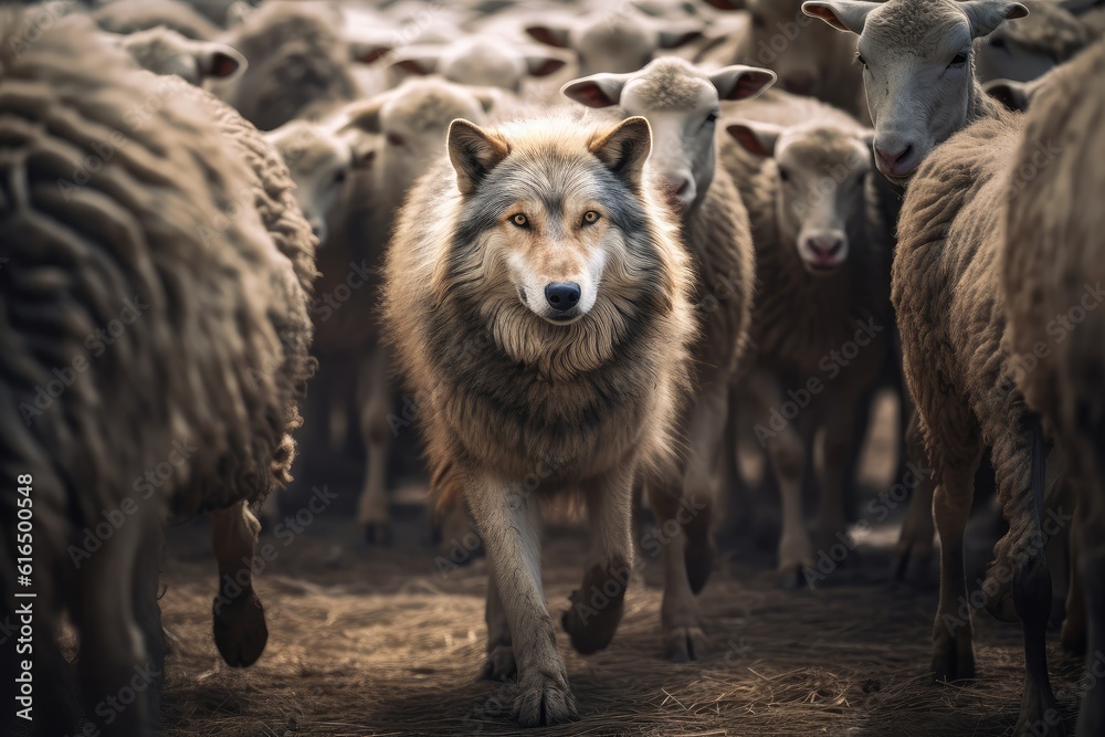 Sheep being led by a wolf. Wolf walking among heard of sheep. 