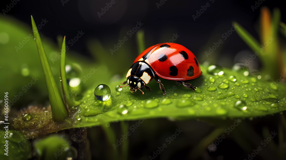 Fototapeta premium Ladybug sits on grass covered with dew drops, front view.
