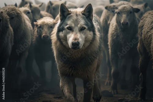 Sheep being led by a wolf. Wolf walking among heard of sheep. 