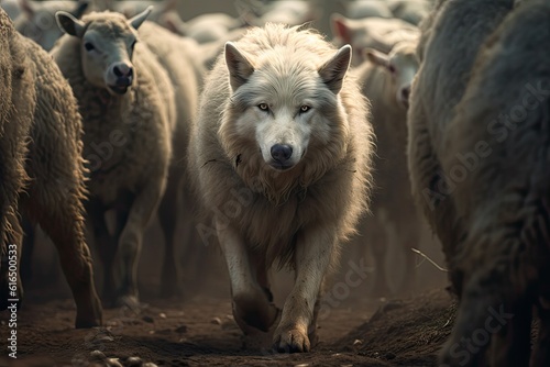 Sheep being led by a wolf. Wolf walking among heard of sheep. 