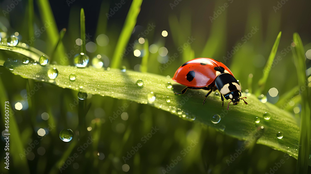 Ladybug sits on grass covered with dew drops, front view.