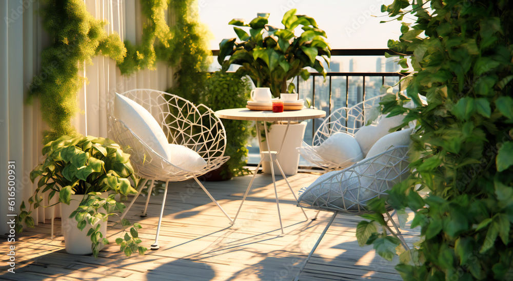 a balcony scene with a chair, planter and tables