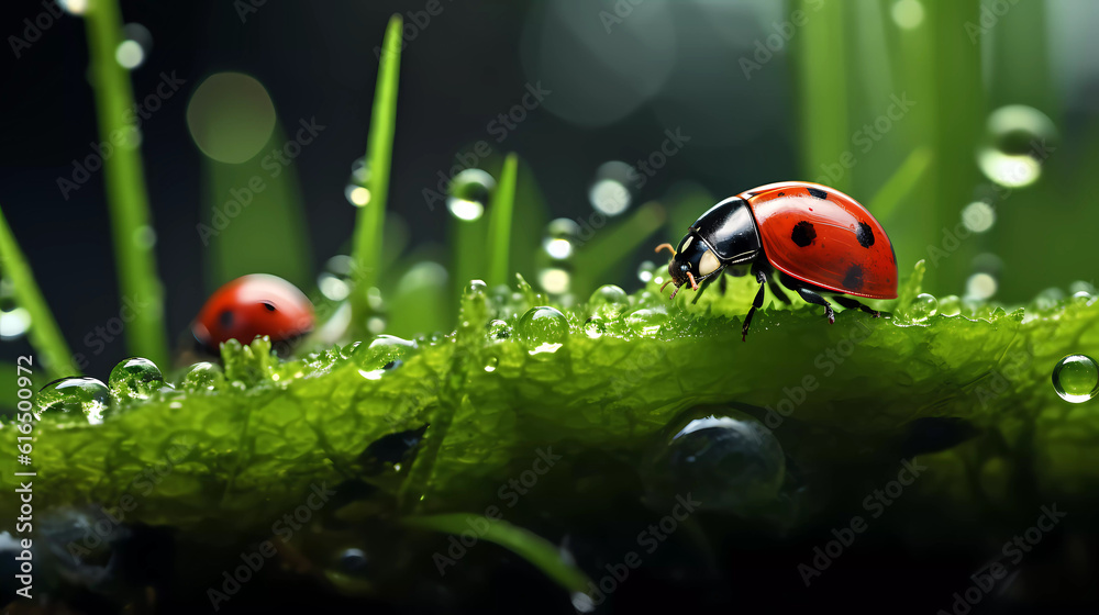 Obraz premium Ladybug sits on grass covered with dew drops, front view.