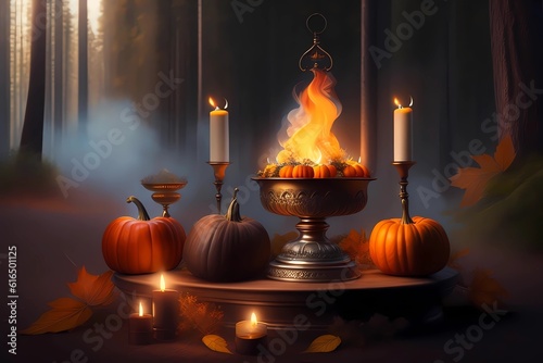 halloween holiday, halloween pumpkins, altar full of pumpkins, witchcraft on an altar during halloween, altar for halloween, witchcraft, by generative ai