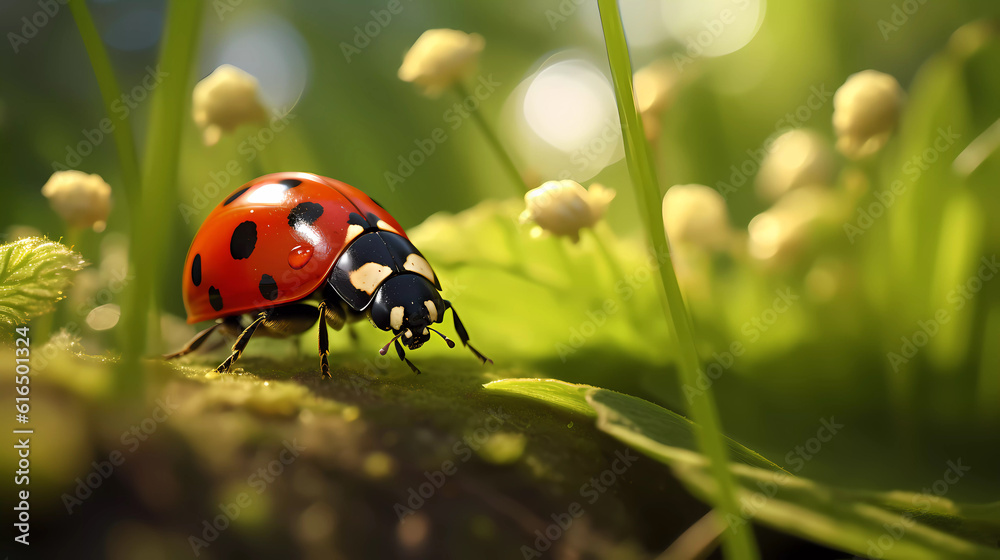 Ladybug sits on grass covered with dew drops, front view. Ladybug sits on grass covered with dew drops, front view.