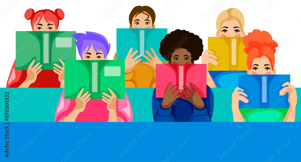 Fototapeta premium vector illustration of diverse girls with books