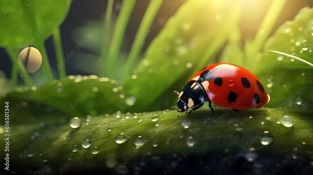 Ladybug sits on grass covered with dew drops, front view. Ladybug sits on grass covered with dew drops, front view.