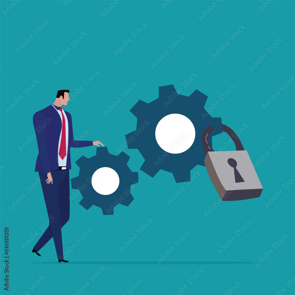 Businessman standing lock and gear vector icon Filled flat banner for mobile concept and web design. cyber security settings symbol icon logo illustration symbol vector graphics