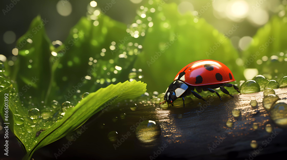 Ladybug sits on grass covered with dew drops, front view. Ladybug sits on grass covered with dew drops, front view.